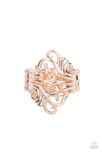 Shiny rose gold filigree delicately vines across the finger, coalescing into an airy frame. Features a stretchy band for a flexible fit.