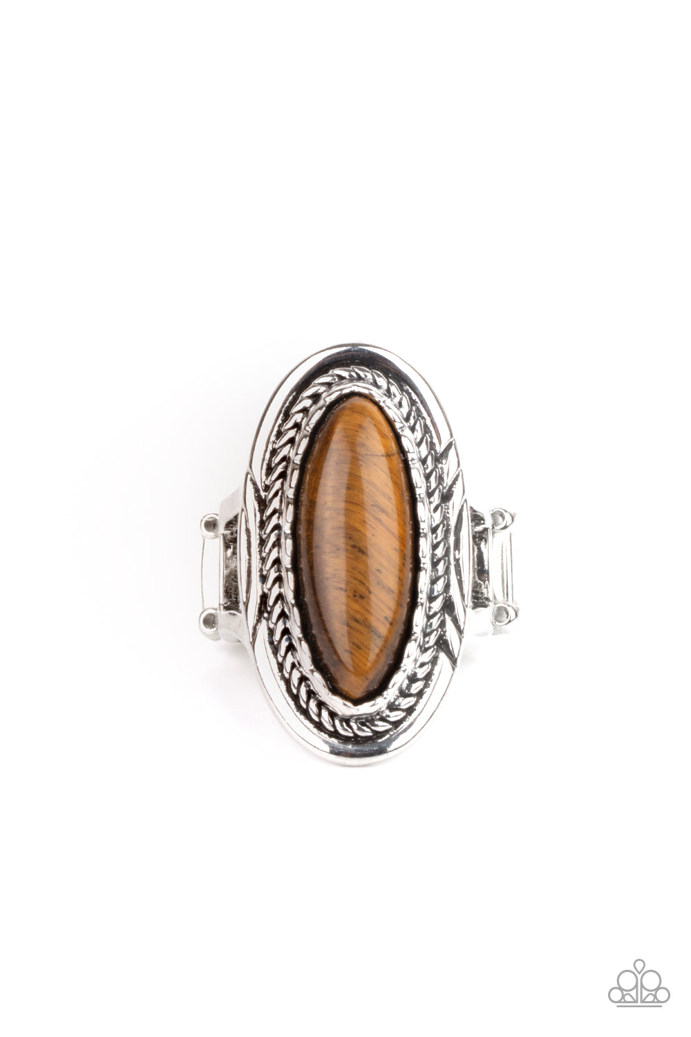 An oblong tiger's eye stone is pressed into the center of an oval silver frame stamped and embossed in mismatched patterns for a seasonal flair. Features a stretchy band for a flexible fit.