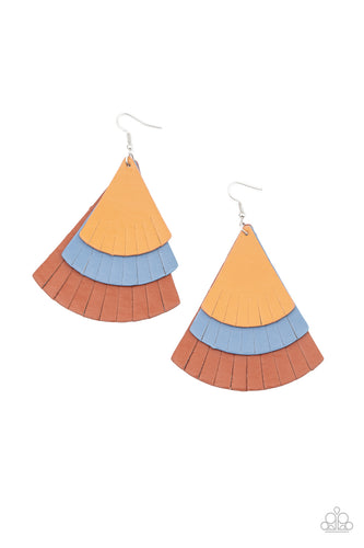 Featuring tapered edges, tan, blue, and brown leather triangular frames delicately overlap into a colorfully rustic frame. Earring attaches to a standard fishhook fitting.