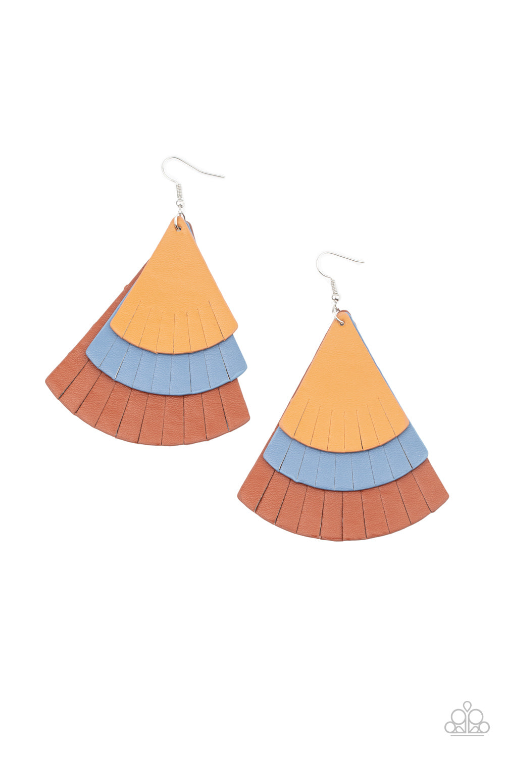 Featuring tapered edges, tan, blue, and brown leather triangular frames delicately overlap into a colorfully rustic frame. Earring attaches to a standard fishhook fitting.