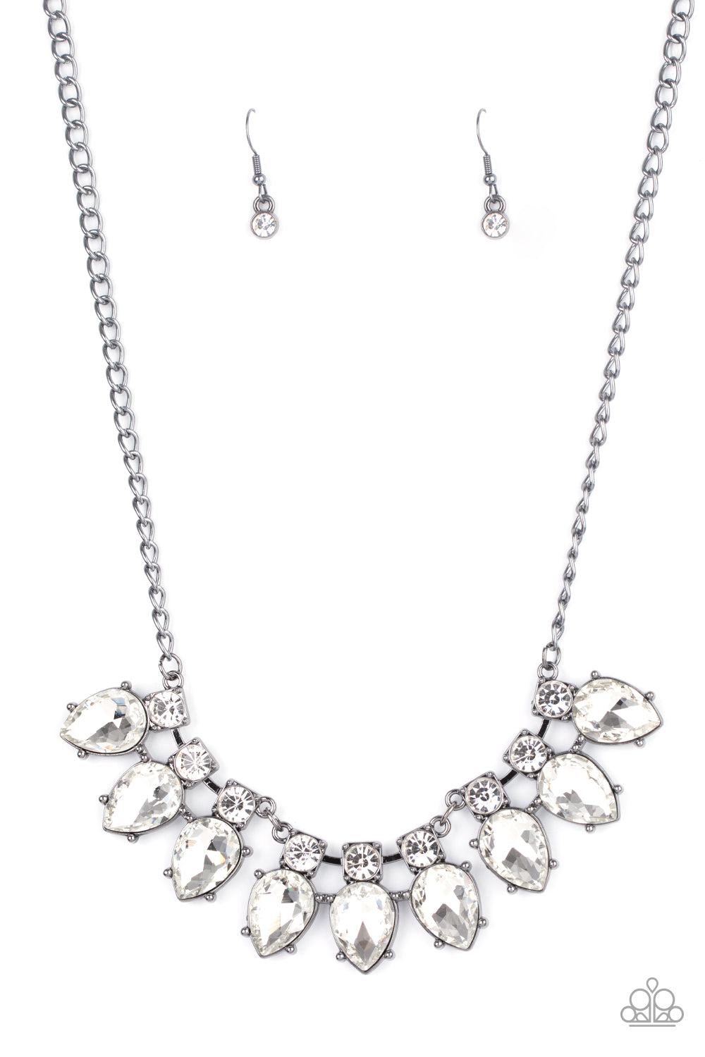 Dotted with classic white rhinestones, trios of oversized white teardrop rhinestone encrusted gunmetal frames delicately link below the collar, creating an icy collar. Features an adjustable clasp closure. 