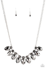 Load image into Gallery viewer, Dotted with smoky hematite rhinestones, trios of oversized hematite teardrop rhinestone encrusted silver frames delicately link below the collar, creating an icy collar. Features an adjustable clasp closure. 
