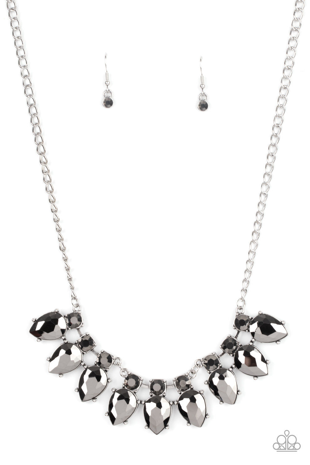 Dotted with smoky hematite rhinestones, trios of oversized hematite teardrop rhinestone encrusted silver frames delicately link below the collar, creating an icy collar. Features an adjustable clasp closure. 