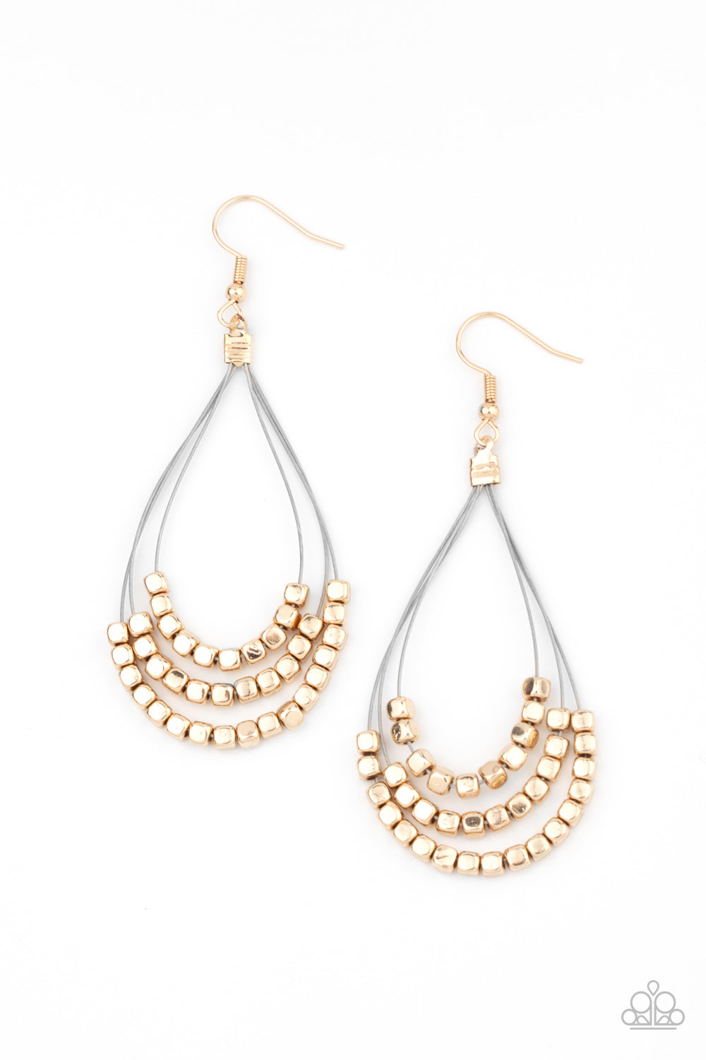 Three rows of dainty gold cube beads glides along shiny thin wire, layering into an edgy teardrop lure. Earring attaches to a standard fishhook fitting.