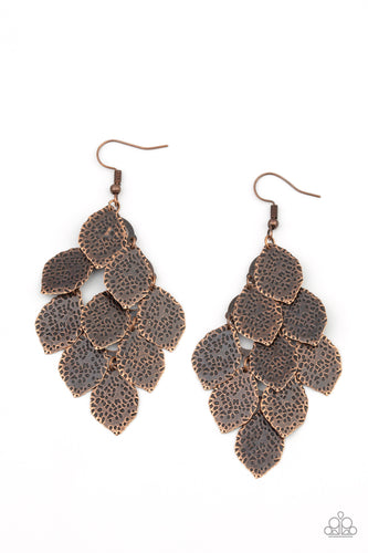 Hammered in antiqued details, leafy copper frames cascade from the ear, creating a rustic lure. Earring attaches to a standard fishhook fitting.