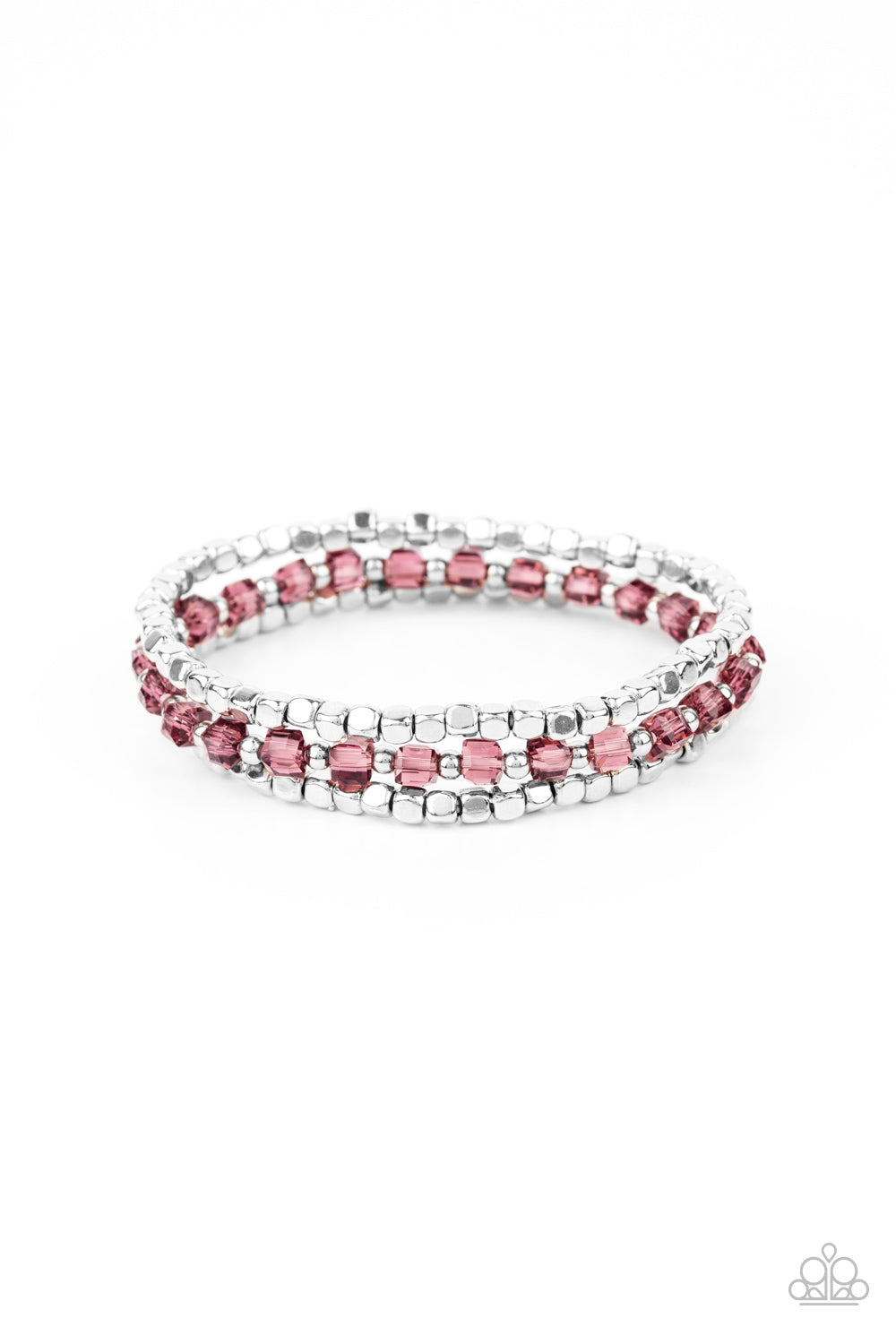 Separated by dainty silver beads, a sparkly strand of square purple crystal-like beads joins a pair of silver cube beaded stretchy bands around the wrist for a colorful look.