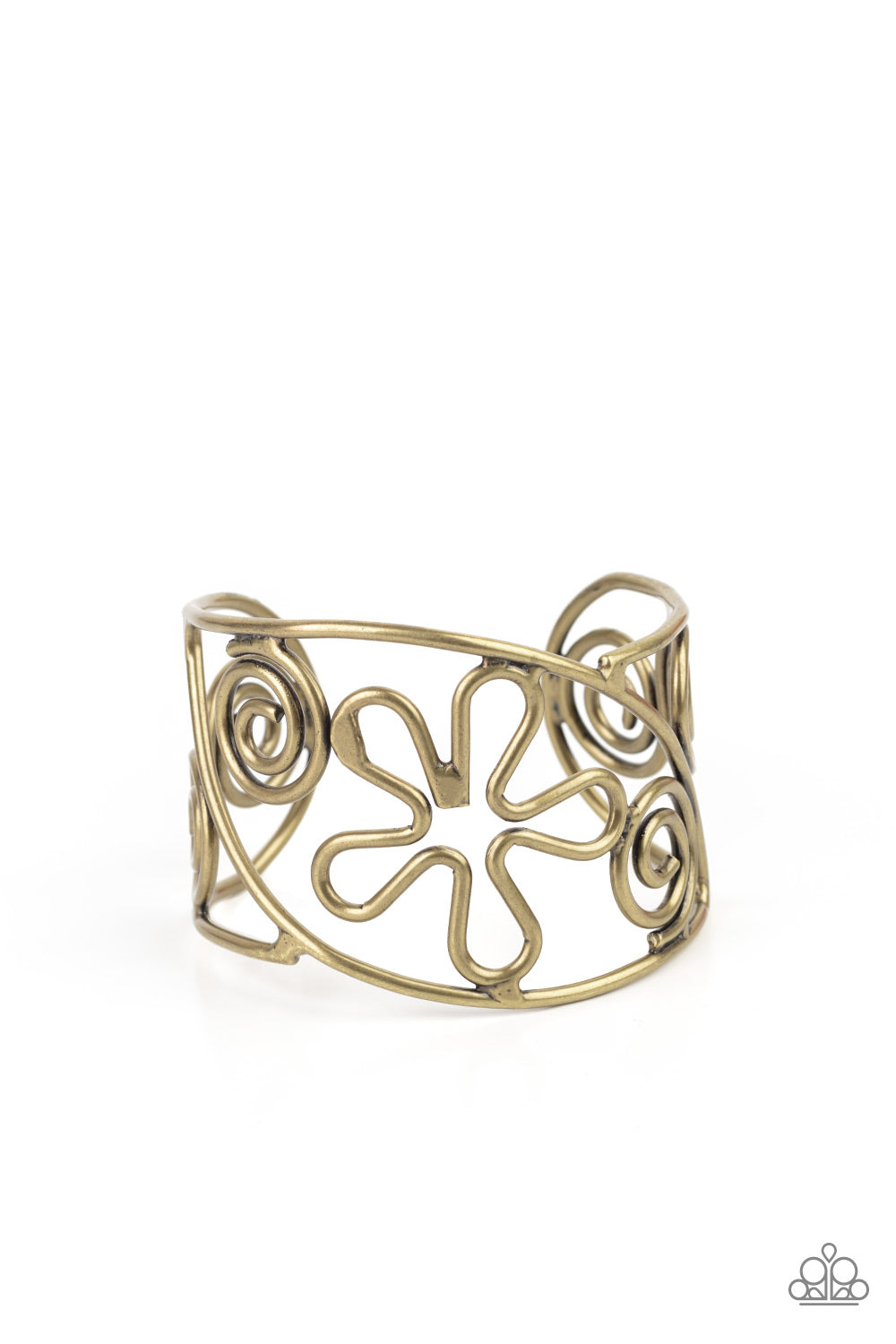 Antiqued brass wire bends and curls into groovy floral and swirl frames, coalescing into a psychedelic cuff around the wrist.