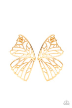 Load image into Gallery viewer, Shimmery gold bars delicately climb scalloped gold frames, coalescing into a whimsical butterfly wing. Earring attaches to a standard post fitting
