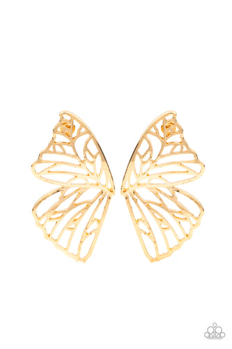 Shimmery gold bars delicately climb scalloped gold frames, coalescing into a whimsical butterfly wing. Earring attaches to a standard post fitting