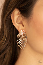 Load image into Gallery viewer, Shimmery gold bars delicately climb scalloped gold frames, coalescing into a whimsical butterfly wing. Earring attaches to a standard post fitting
