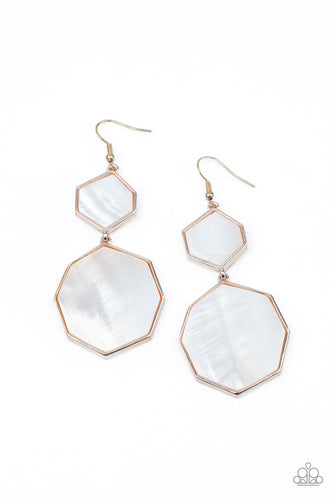 Encased in sleek rose gold frames, white shell-like hexagonal frames link into a whimsical lure. Earring attaches to a standard fishhook fitting.