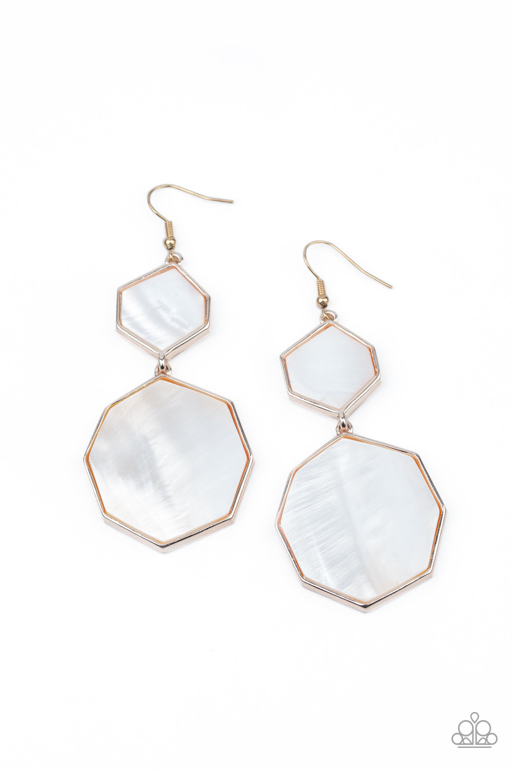 Encased in sleek rose gold frames, white shell-like hexagonal frames link into a whimsical lure. Earring attaches to a standard fishhook fitting.