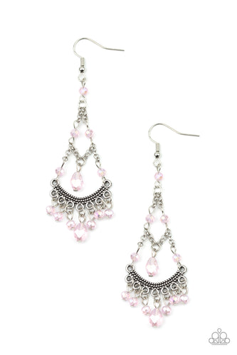 Featuring an iridescent shimmer, a glittery collection of pink crystal-like beads link with shimmery silver chains that give way to a studded silver bar and colorful fringe. Earring attaches to a standard fishhook fitting.