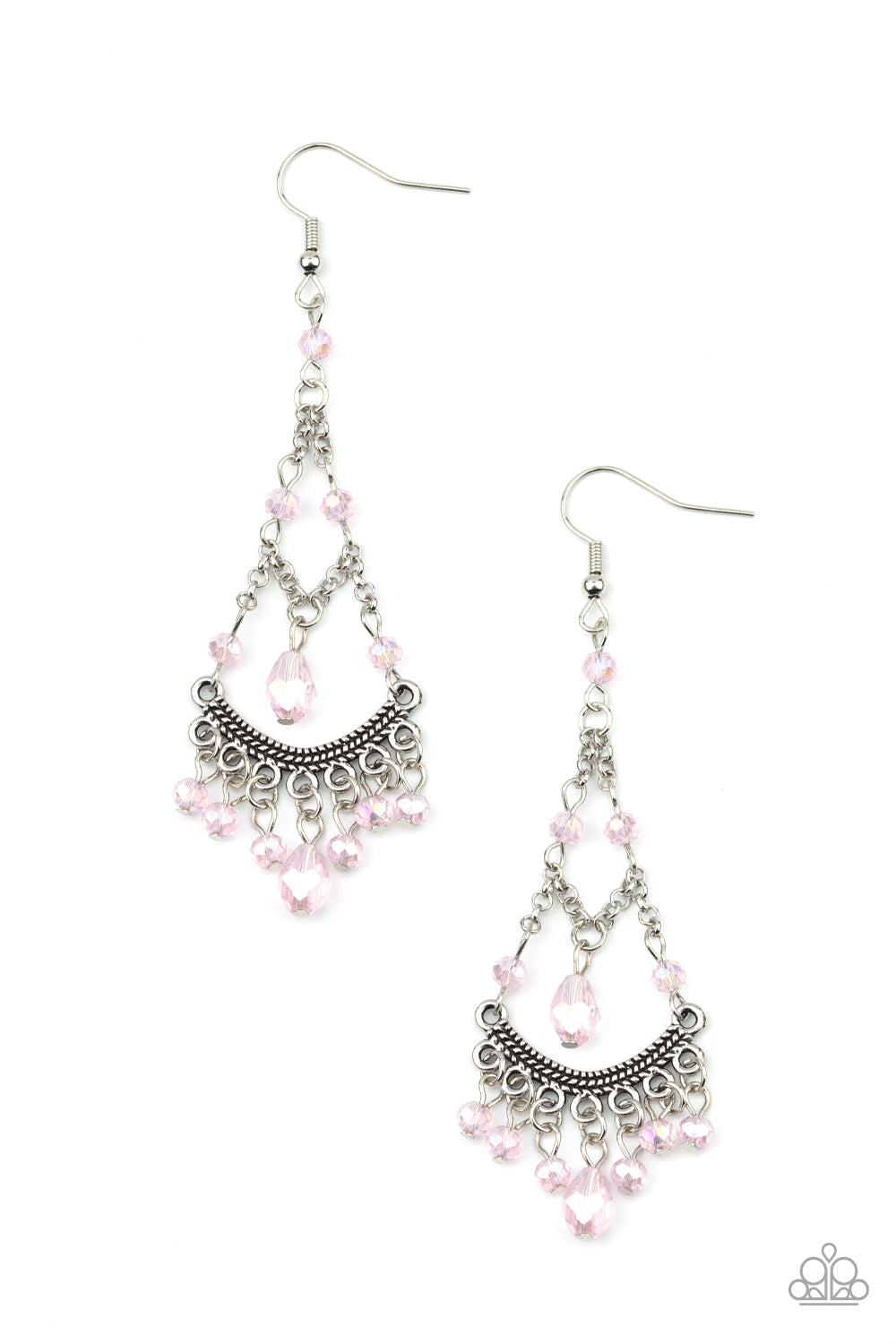 Featuring an iridescent shimmer, a glittery collection of pink crystal-like beads link with shimmery silver chains that give way to a studded silver bar and colorful fringe. Earring attaches to a standard fishhook fitting.