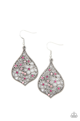 Infused with dainty light and dark pink rhinestones, an airy collection of silver flower frames coalesce inside an ornate silver frame for a colorfully seasonal look. Earring attaches to a standard fishhook fitting.