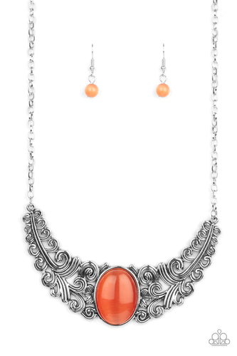 Featuring vine and floral details, leafy silver frames branch out from an oversized orange cat's eye stone center, creating a dramatically whimsical centerpiece below the collar. Features an adjustable clasp closure.