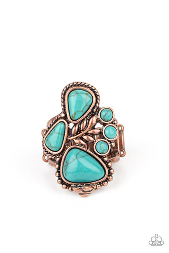 Featuring round and teardrop shapes, a refreshing collection of turquoise stones gather around a leafy copper accent, creating a whimsical center atop the finger. Features a stretchy band for a flexible fit.