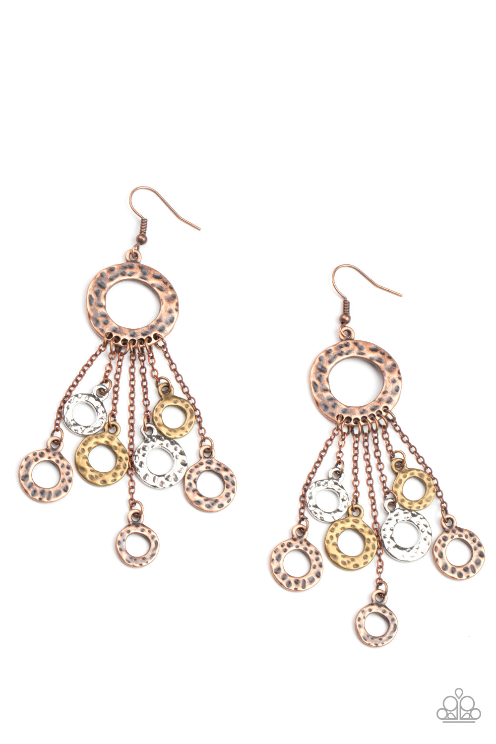 Attached to dainty copper chains, a fringe of hammered brass, copper, and silver rings swings from the bottom of a hammered copper ring for a noise-making statement. Earring attaches to a standard fishhook fitting.