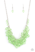 Load image into Gallery viewer, Row after row of glittery green crystal-like beads swing from interconnected strands of silver chain, creating a colorfully effervescent fringe below the collar. Features an adjustable clasp closure. 
