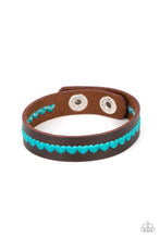 Load image into Gallery viewer,  A colorful row of blue hearts is stitched across the front of a dainty brown leather band. Features an adjustable snap closure.
