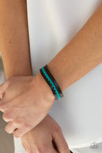 Load image into Gallery viewer,  A colorful row of blue hearts is stitched across the front of a dainty brown leather band. Features an adjustable snap closure.
