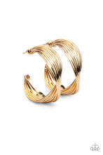 Load image into Gallery viewer, A stack of shiny gold hoops delicately twists at the center, creating a curvaceous display. Earring attaches to a standard post fitting. Hoop measures approximately 1 1/4&quot; in diameter.
