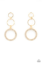 Load image into Gallery viewer, Two dainty gold rings give way to a white rhinestone encrusted gold hoop, adding a timeless twist to the dazzling display. Earring attaches to a standard post fitting
