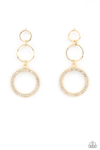 Two dainty gold rings give way to a white rhinestone encrusted gold hoop, adding a timeless twist to the dazzling display. Earring attaches to a standard post fitting