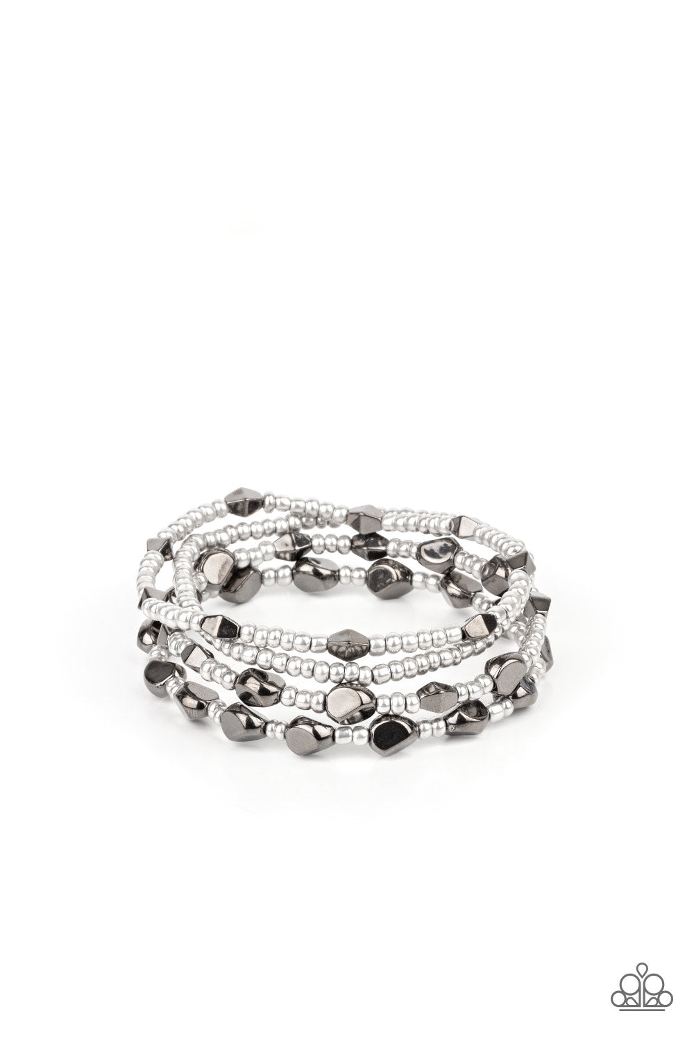 A shimmery collection of dainty silver seed beads and faceted gunmetal accents are threaded along stretchy bands around the wrist, creating glistening layers.
