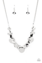 Load image into Gallery viewer, Featuring diamond shaped silver fittings, a mismatched collection of hammered silver discs swings from a classic silver chain below the collar for an eye-catching finish. Features an adjustable clasp closure.
