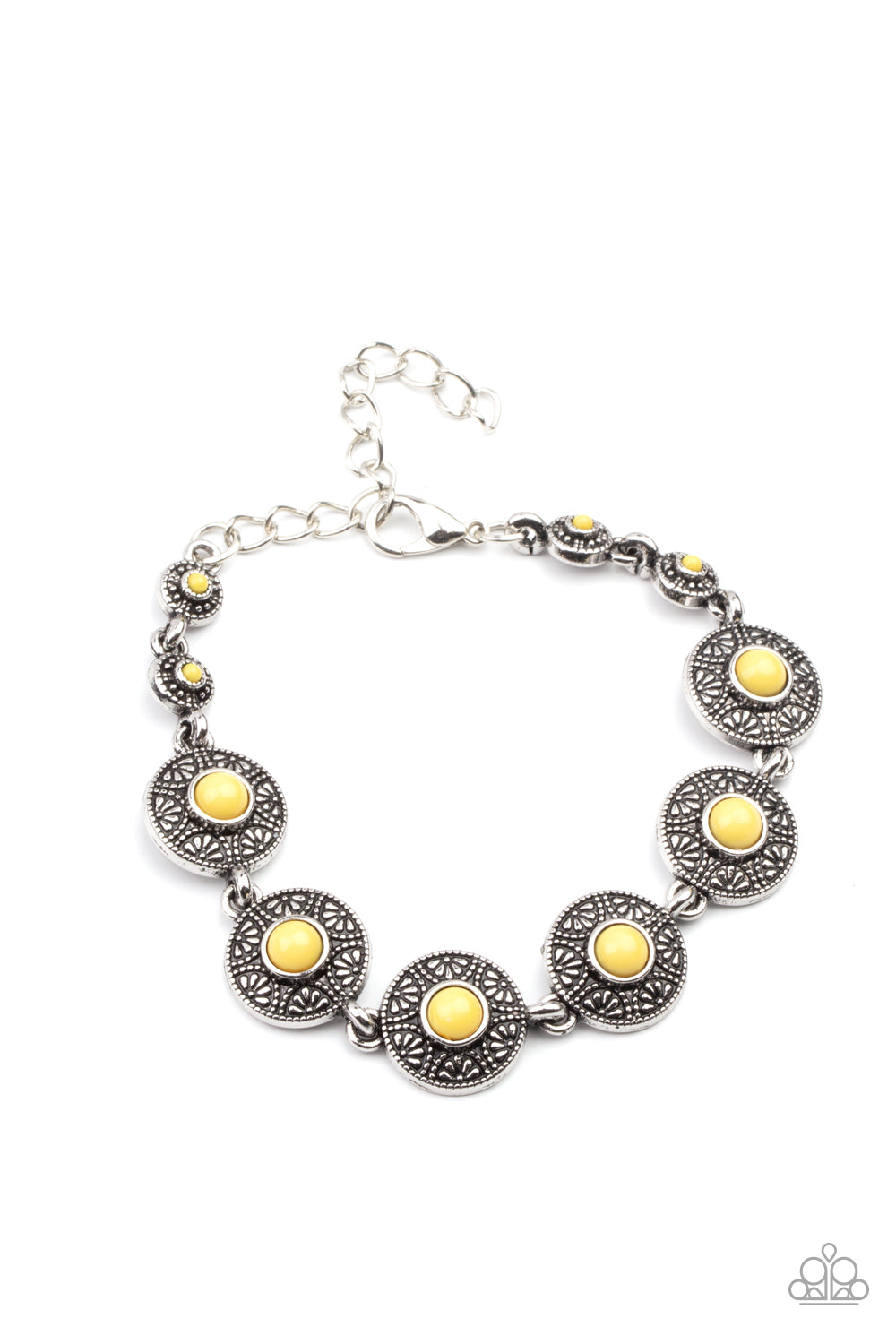 Dotted with sunny Illuminating beaded centers, dainty floral embossed silver frames delicately link around the wrist for a colorful springtime look. Features an adjustable clasp closure.