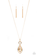 Load image into Gallery viewer, A golden marquise cut rhinestone pendant swings from the top of an airy gold frame that interconnects with a series of mismatched gold links at the bottom of a lengthened gold chain for an elegant finish. Features an adjustable clasp closure.
