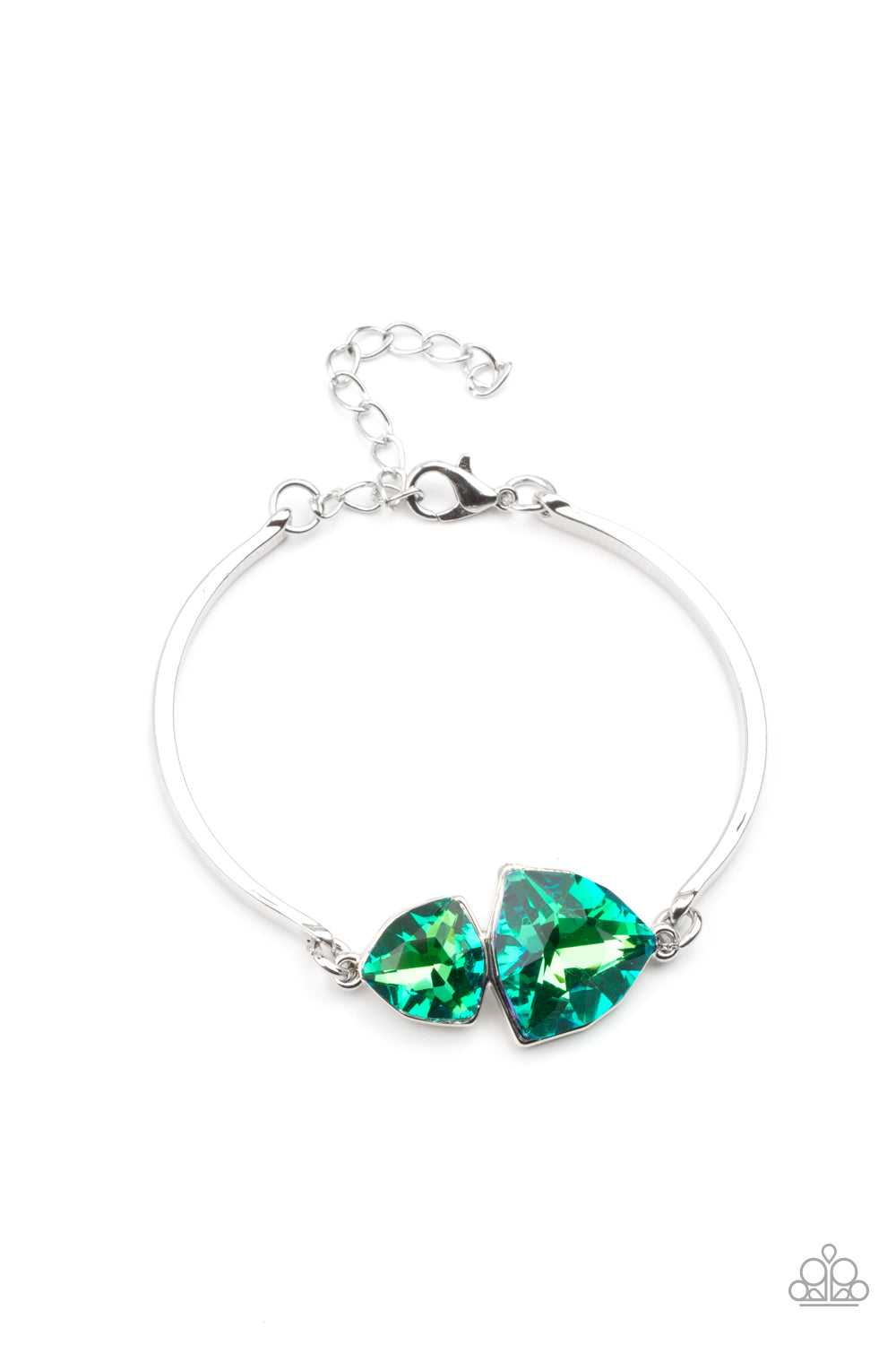 Featuring raw gem cuts, a pair of iridescent rhinestones connect to dainty silver bars around the wrist, creating a stellar cuff-like bracelet. Features an adjustable clasp closure.