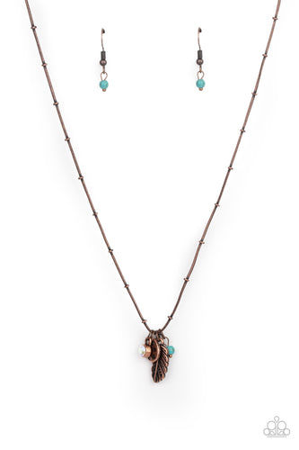 A whimsical collection of charms glide along a beaded copper chain below the collar in a free-spirited fashion. The antiqued charms include a hammered disc, turquoise stone bead, iridescent rhinestone, and lifelike copper feather. Features an adjustable clasp closure.