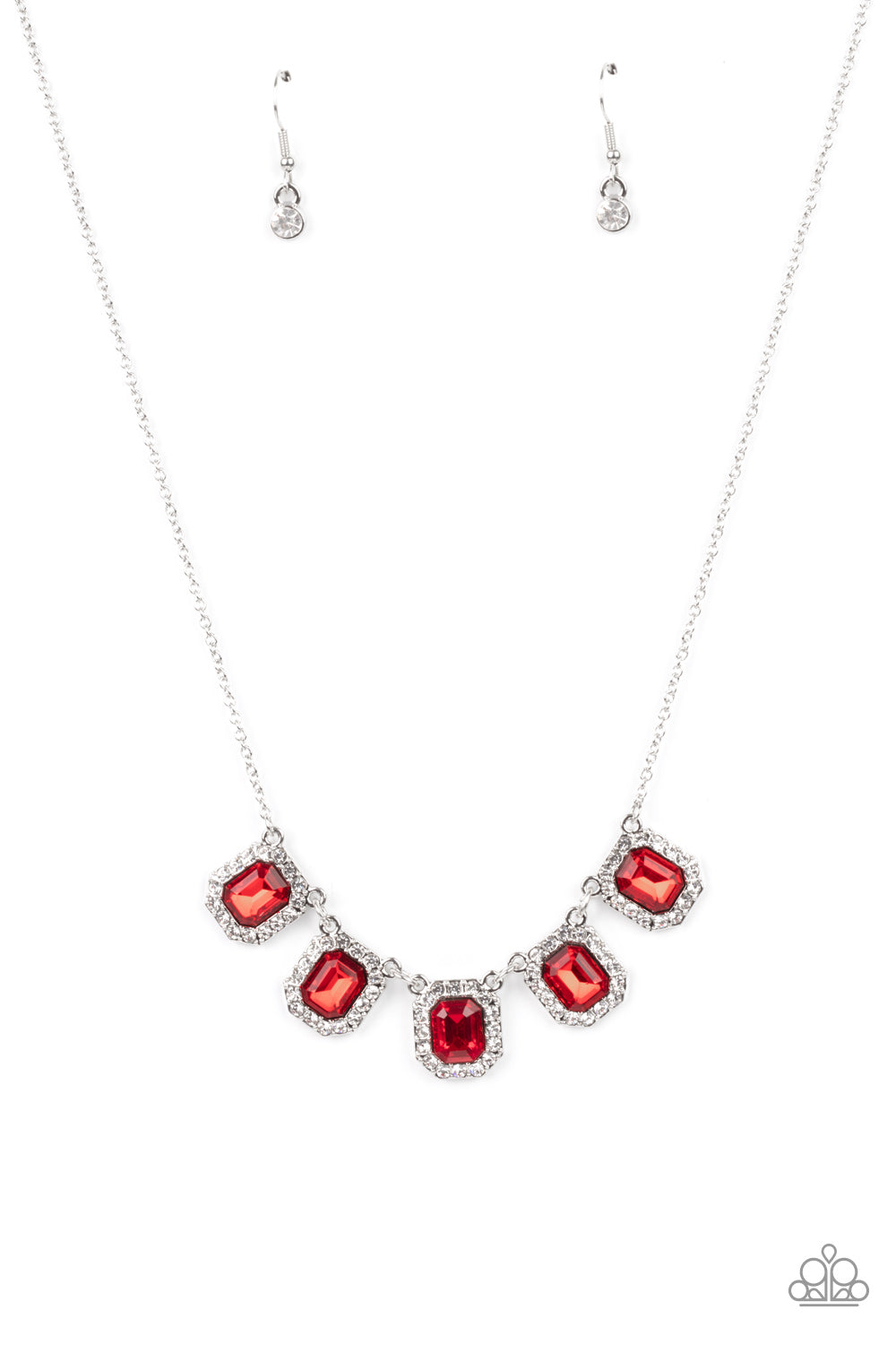 Bordered in glassy white rhinestones, fiery red emerald style rhinestone encrusted frames gorgeously link below the collar for a timeless fashion. Features an adjustable clasp closure.