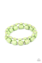 Load image into Gallery viewer, Dainty silver beads and mismatched green stone beads are threaded along stretchy bands around the wrist, creating vivacious layers.
