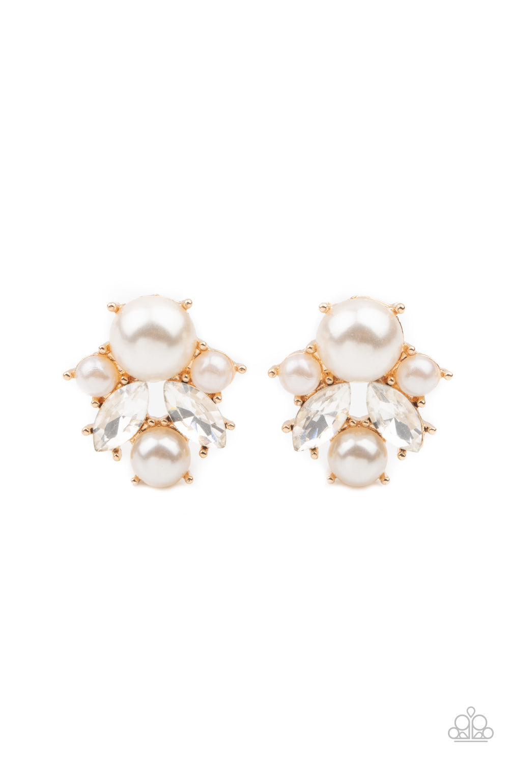 Featuring glistening gold fittings, a royal collection of bubbly pearls and glassy marquise white rhinestones delicately cluster into an elegant frame. Earring attaches to a standard post fitting.