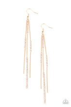 Load image into Gallery viewer, Sections of glassy white rhinestones attach to dainty gold rectangular rods, creating a statement-making tassel. Earring attaches to a standard fishhook fitting.
