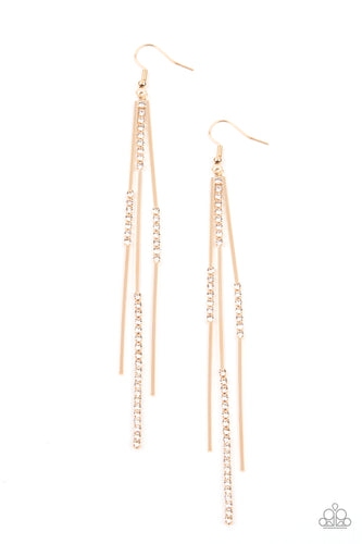 Sections of glassy white rhinestones attach to dainty gold rectangular rods, creating a statement-making tassel. Earring attaches to a standard fishhook fitting.