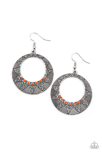 Dotted in a row of dainty orange beads, a radiant sunburst pattern is stamped across a silver hoop for a colorfully seasonal look. Earring attaches to a standard fishhook fitting.