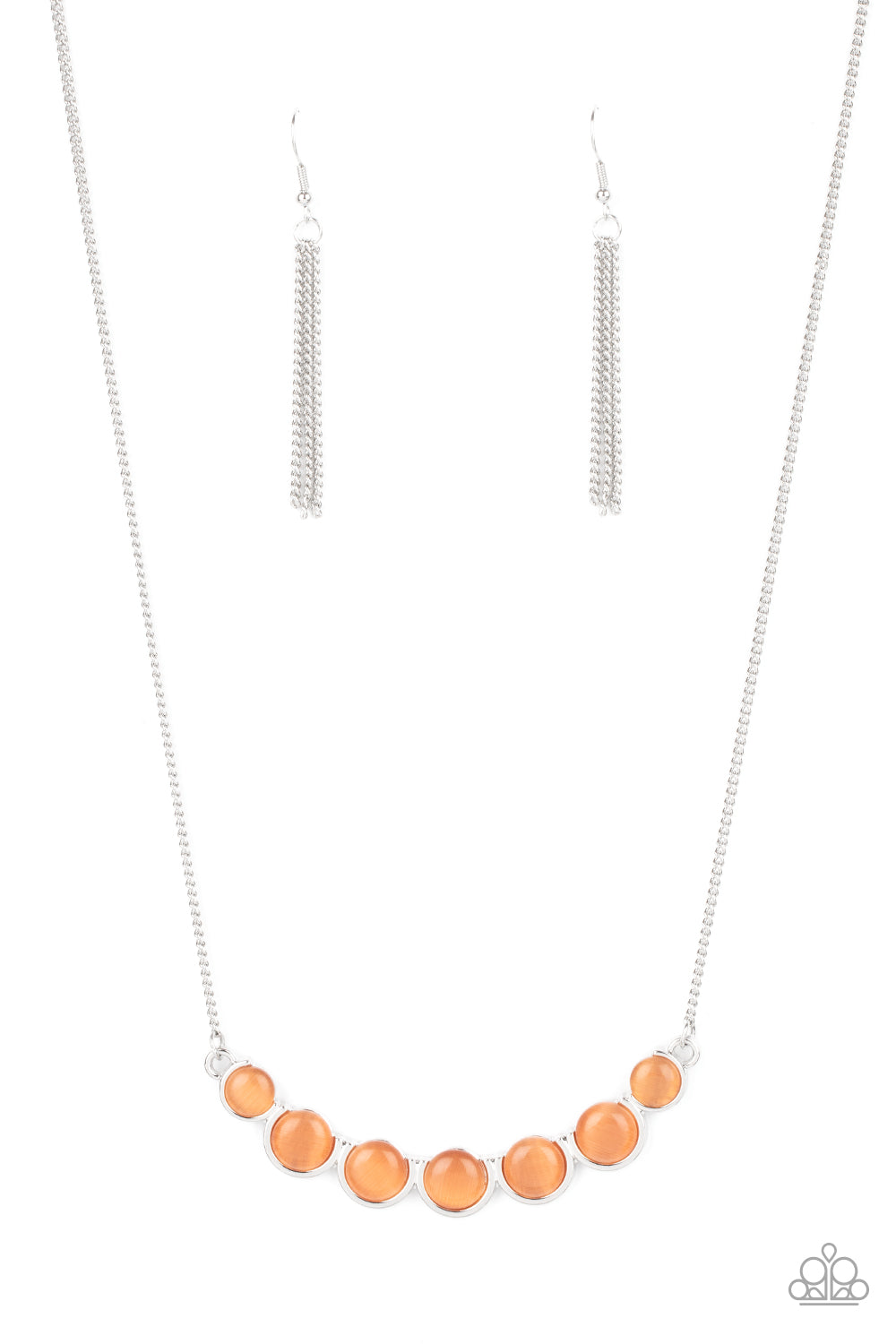 A row of glowing orange cat's eye stones are held in place by a series of interconnected shiny silver frames, creating a whimsically scalloped pendant below the collar. Features an adjustable clasp closure.