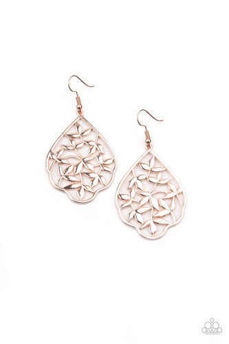 Leafy rose gold filigree climbs the center of a scalloped rose gold frame, creating a whimsically seasonal display. Earring attaches to a standard fishhook fitting.