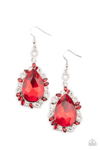Load image into Gallery viewer, Featuring round, teardrop, and oval shapes, red and white rhinestone encrusted filigree borders a dramatically oversized red rhinestone teardrop for a jaw-dropping dazzle. Earring attaches to a standard fishhook fitting.
