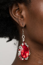 Load image into Gallery viewer, Featuring round, teardrop, and oval shapes, red and white rhinestone encrusted filigree borders a dramatically oversized red rhinestone teardrop for a jaw-dropping dazzle. Earring attaches to a standard fishhook fitting.
