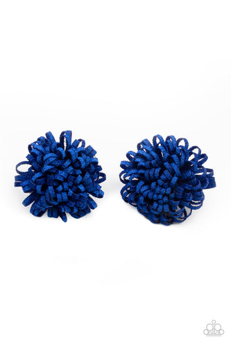 Shimmery blue ribbon curls into a pair of bouncy blossoms for a colorful springtime look. Each flower features a standard hair clip on the back.