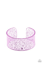 Load image into Gallery viewer, Dainty silvery shavings are encased in a thick purple acrylic cuff, creating an icy incandescence around the wrist.
