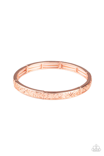 Shiny copper filigree vines across the front of dainty copper frames that are threaded along stretchy bands around the wrist for a seasonal look.