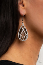 Load image into Gallery viewer, White rhinestone encrusted silver bars crisscross into a glittering beveled teardrop that delicately overlaps an oversized brown teardrop cat&#39;s eye stone, creating a luminously layered lure. Earring attaches to a standard fishhook fitting.
