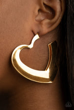 Load image into Gallery viewer, Flat gold frames delicately collect into a voluminous heart shaped hoop for a flirtatious display. Earring attaches to a standard post fitting. Hoop measures approximately 2 1/4&quot; in diameter.
