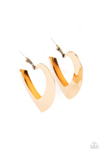 Load image into Gallery viewer, Flat gold frames delicately collect into a voluminous heart shaped hoop for a flirtatious display. Earring attaches to a standard post fitting. Hoop measures approximately 2 1/4&quot; in diameter.
